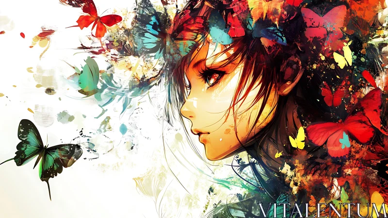Vivid anime portrait merges butterflies and swirling paint.