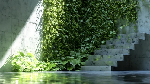 Verdant Concrete Atrium: Cascading Ivy with Stepped Architectural Geometry