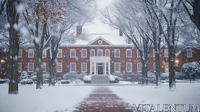 Snowy red-brick campus walkway toward a welcoming hall.