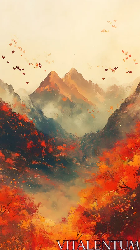Autumn mountains and valley with vivid orange forest canopy.