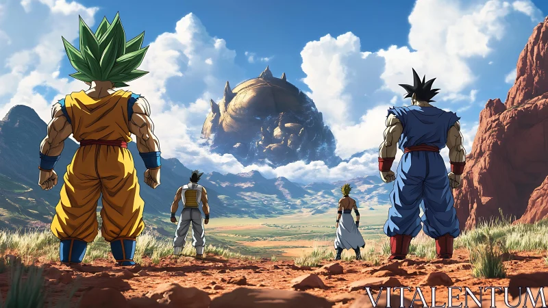 Four warriors confront colossal floating fortress in valley.