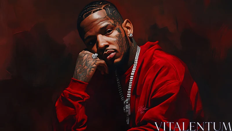 Digital portrait of tattooed man in red hoodie, moody lighting.