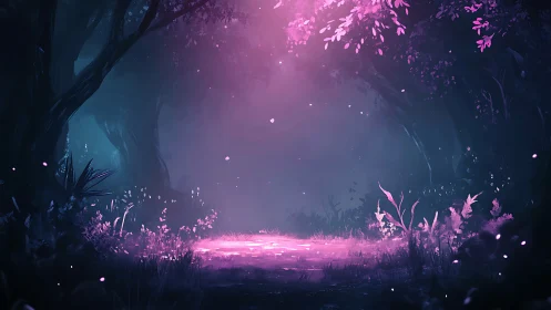 Forest clearing with bioluminescent flora under atmospheric lighting