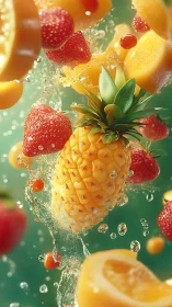 Sunlit splash of tropical fruit in midair celebration.