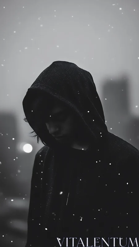Soft snow settles around a quiet hooded figure at night