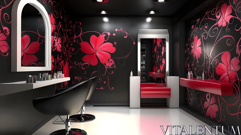 Salon interior shows black walls with red floral graphics