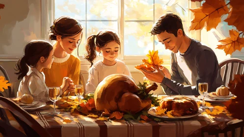 Autumn family dinner scene with roast turkey and warm sunlight