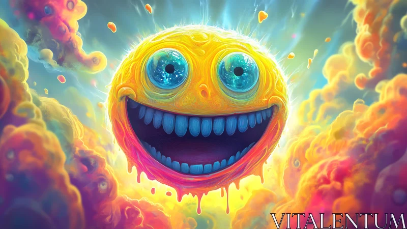 Smiling spherical character floats amid multicolored clouds