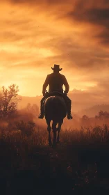 Sunset-swallowed cowboy rides alone into glowing prairie hush