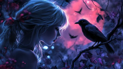 Digital fantasy girl with raven under glowing pink moon.