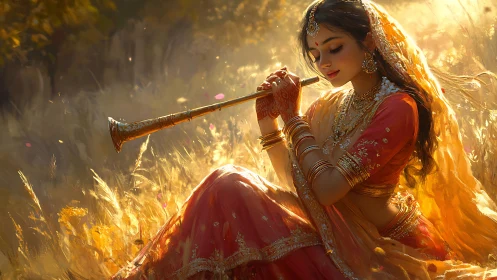 Digital painting of Indian woman with flute in golden meadow