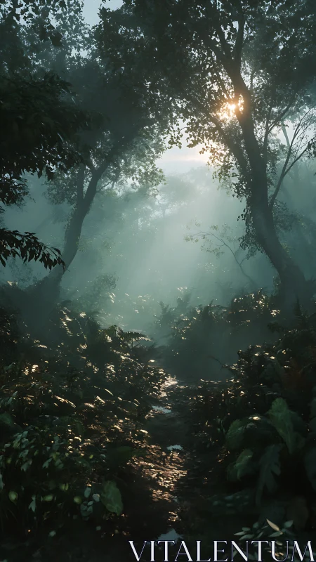 Misty Forest Path Illuminated by Golden Sunlight Through Dense Trees