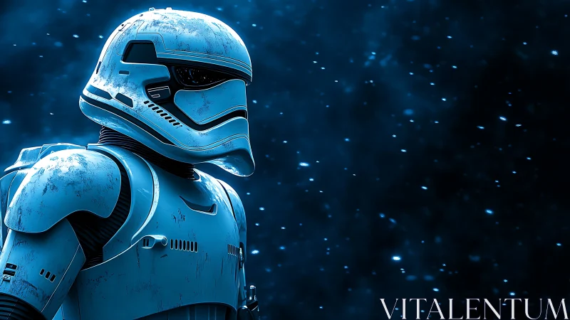 Armored space trooper in icy blue cosmic darkness.