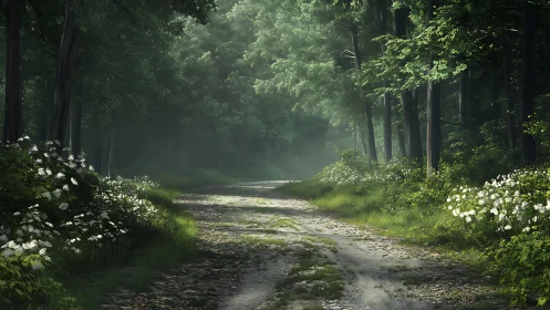Forest path with tall trees and white flowering shrubs lining dirt trail