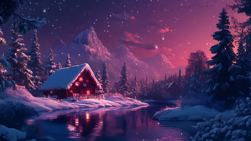 Snow-covered cabin stands beside reflective winter river