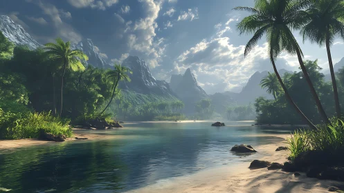 Tropical Mountain Valley with Palm Lagoon.