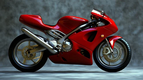 High-gloss red sport motorcycle side profile, studio render