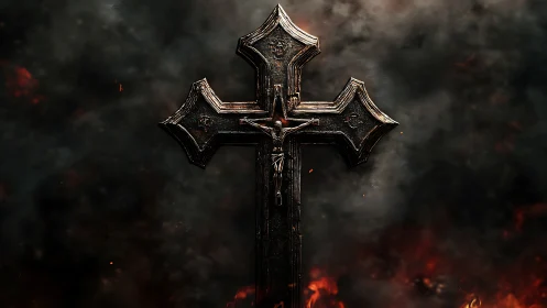 Weathered crucifix glows gently against smoke and embers.