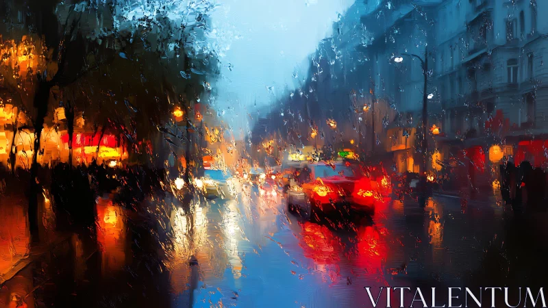 Rainy city street traffic with blurred colorful night lights.