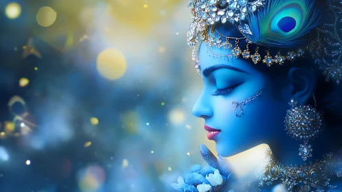 Dreamlike blue goddess in jeweled peacock crown portrait.