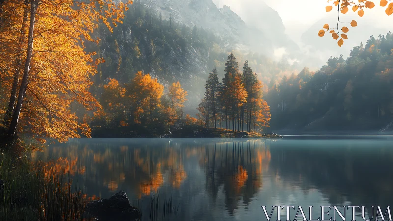 Golden autumn island rests quietly on a misty mountain lake