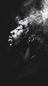 Moody monochrome portrait with dissolving smoky profile.