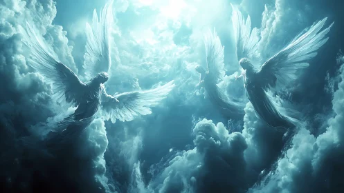 Heavenly angels rise through radiant clouds of ethereal light.