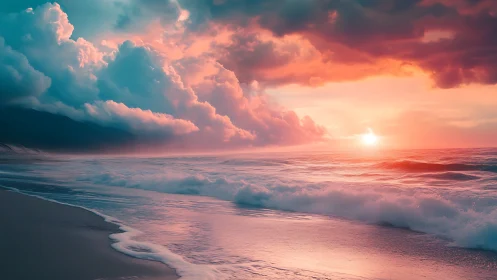 Digital seascape renders sunset light over waves and shoreline