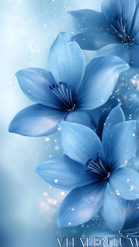 Blue flowers with bokeh light particles on soft gradient background