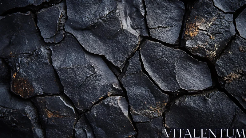 Close-up of dark cracked stone texture in dramatic lighting.