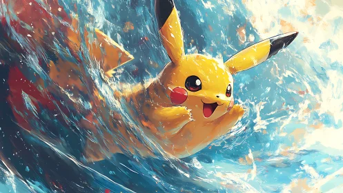 Joyful electric friend surfing a wild painted wave.