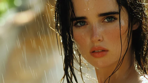 Rain-soaked woman&rsquo;s intense gaze captures fragile resilience