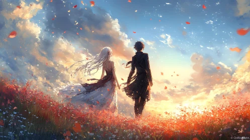 Two anime figures stand in a flower field at glowing sunset