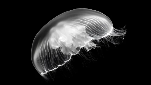 Luminous ghost jelly drifts like moonlight in black water.