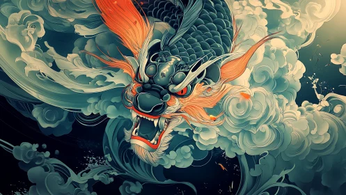 Dragon-headed koi bursts through stylized swirling clouds