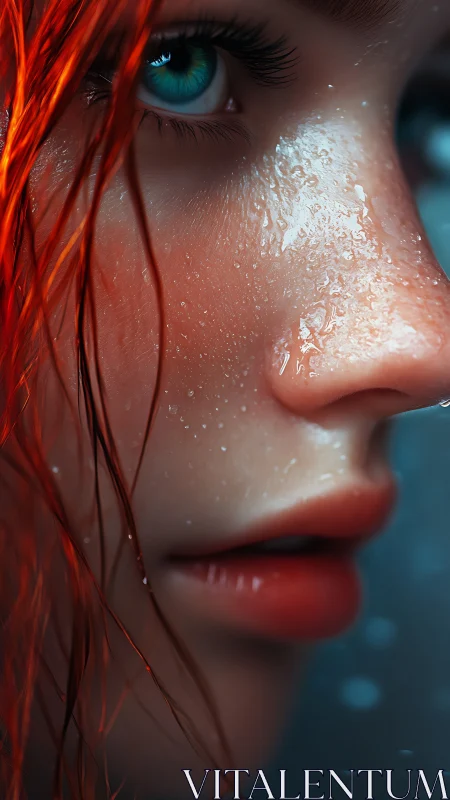 Glimmering raindrops on a fiery haired digital dreamer.