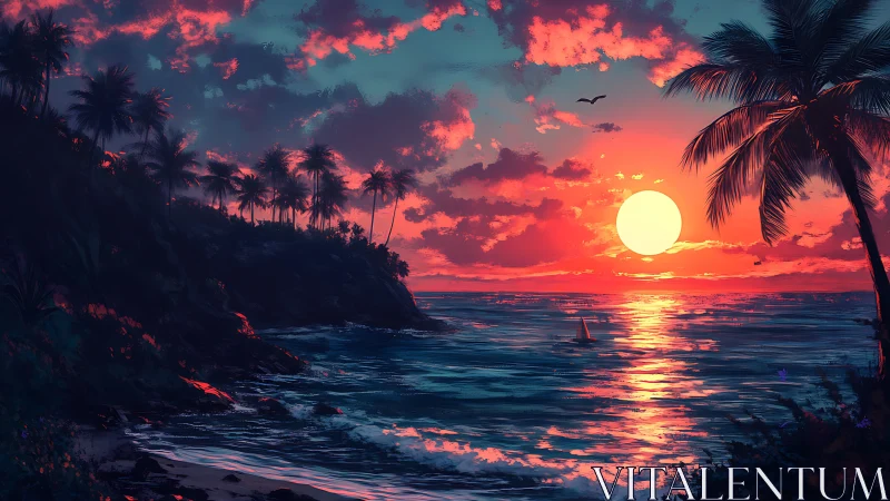 Glowing tropical sunset welcomes a calm palm-lined shoreline