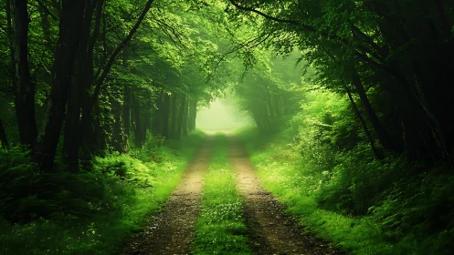 Sunlit Forest Path with Lush Greenery in Photorealistic Style.