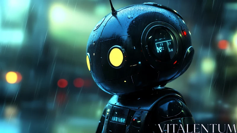Small black robot in rainy neon city street at night.