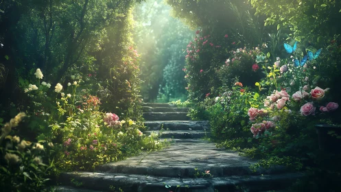 Enchanted stone garden path framed by lush roses and light.