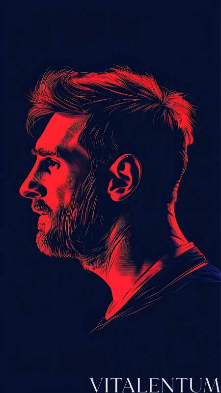 Neon red male profile portrait on deep navy background