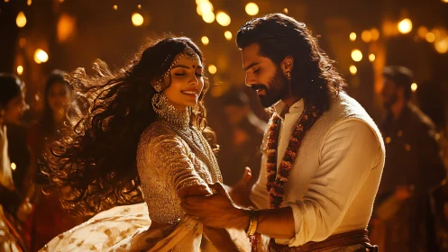 Cinematic Indian couple dancing under warm bokeh lighting with motion blur