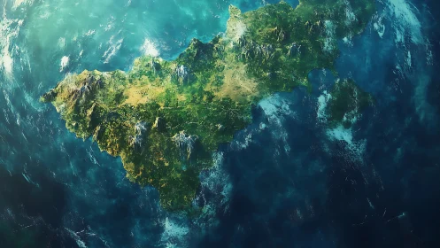 Aerial View of Lush Island Surrounded by Turquoise Ocean Waters.