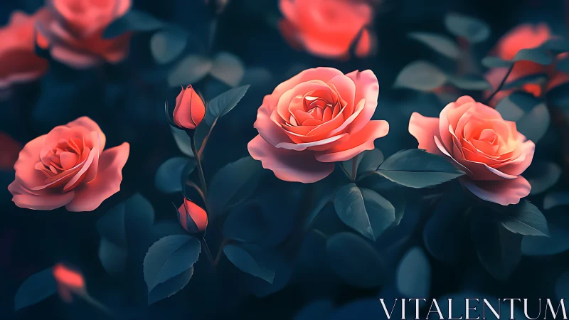 Coral roses with buds rendered against dark teal background