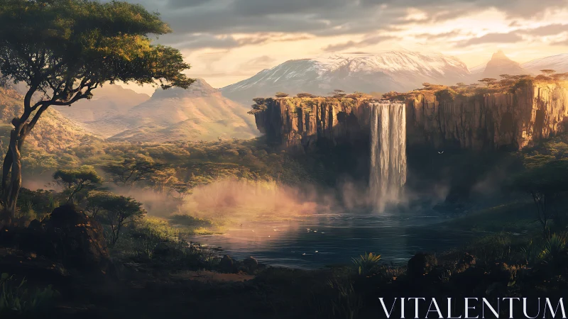 Sunlit savanna cliffs cradle a secret waterfall sanctuary