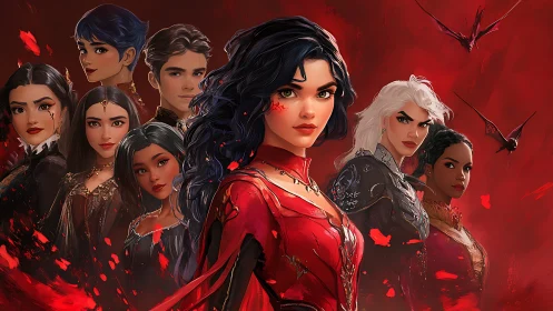 Scarlet-clad heroine and allies amid fiery fantasy storm.