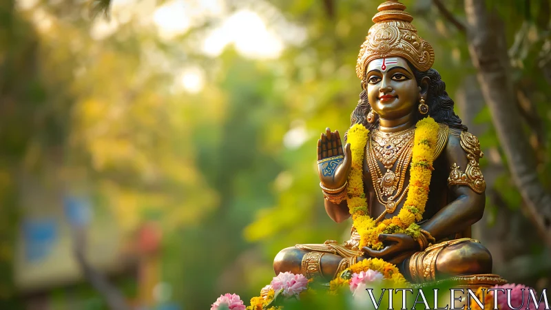 Golden deity in marigold garlands greeting the soft forest light.