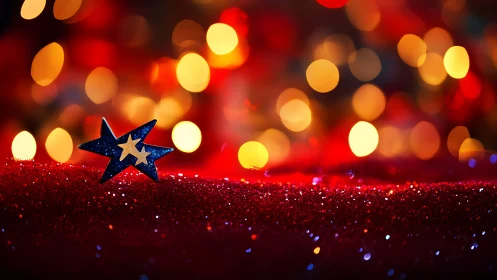 Blue star ornament on red glitter with warm bokeh lights.