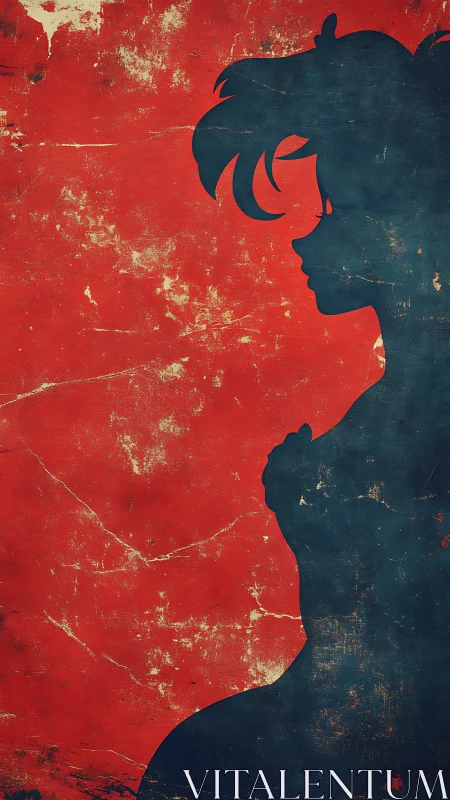 Grunge anime silhouette on distressed red textured field.