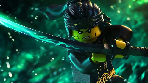 Emerald-blade plastic ninja dives through neon battle light.